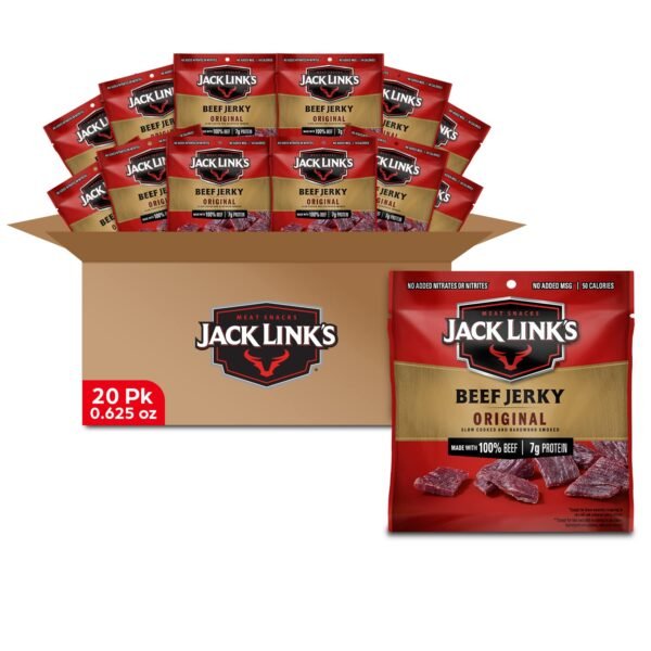 Jack Link's Beef Jerky, Original Flavorful Meat Snack for Lunches, Ready to Eat, No Added MSG - 0.625 oz (Pack of 20)