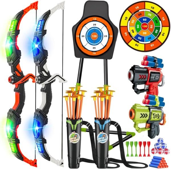 VATOS 2 Pack Bow and Arrow Toy for 5 6 7 8 9 10 11 Year Old Boys Girls, Light Up Archery Toy With Cup Suction Standing Target & 29 IN Dart Board, Indoor...