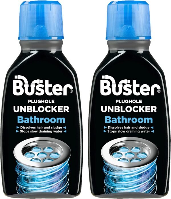 Buster Bathroom Drain Unblocker 300ml, Pack of 2 – Sink Unblocker Removes Hair & Sludge in Showers, Baths & Sinks. Fast-Acting Shower Drain...