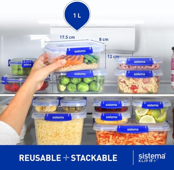 Sistema KLIP IT PLUS Food Storage Containers | 1 L | Leak-Proof, Stackable & Airtight Fridge/Freezer Containers with Lids | BPA-Free Plastic |...